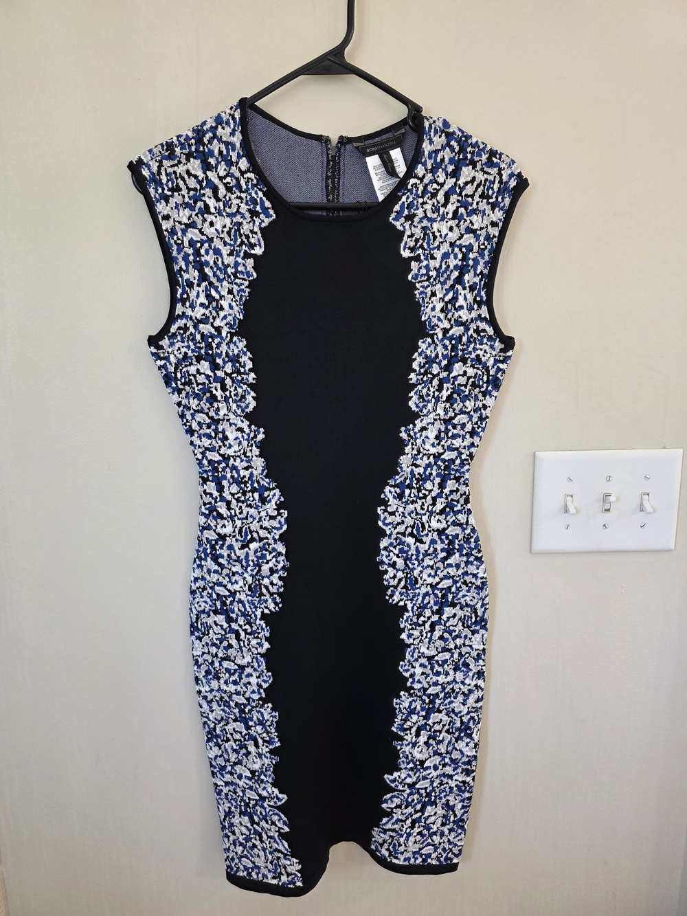 BCBGMaxAzria Black Midi Dress with Blue and White Patterned Panels